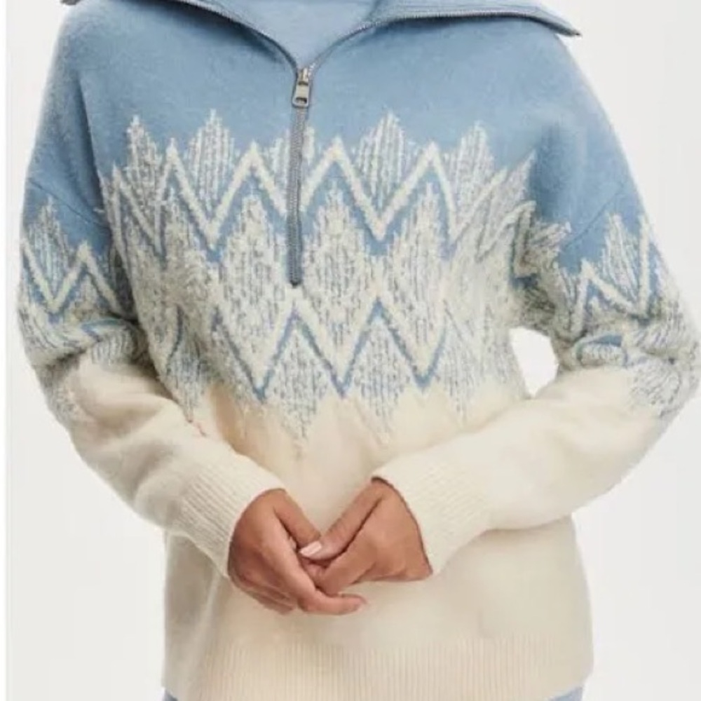 Varley Blue and Cream Cowl Neck Sweater